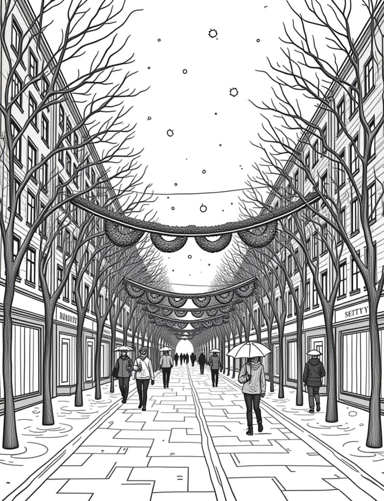  this is for an adult coloring page. a detailed black and white line art of a snowy snowy cityscape with people walking under umbrellas and holiday decorations on a solid white background.