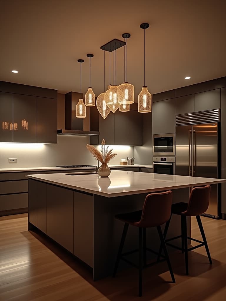  high quality portrait photo of a sleek, modern kitchen with a large island, illuminated by a cluster of pendant lights in various geometric shapes, casting a warm glow on the polished countertops hyperrealistic, full body, detailed clothing, highly detailed, cinematic lighting, stunningly beautiful, intricate, sharp focus, f/1. 8, 85mm, (centered image composition), (professionally color graded), ((bright soft diffused light)), volumetric fog, trending on instagram, trending on tumblr, HDR 4K, 8K