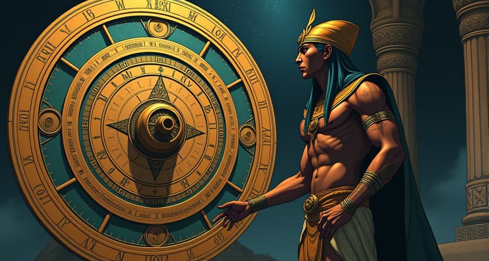  a mystical astrolabe, intricate gears and dials, with a large busted scribe in form fitting attire, carefully tuning it to cosmic frequencies. the style is digital art illustration / modern comic book / mysterious occult, symbolic, esoteric vibe,high detail on character design, incorporating ancient egyptian symbology and attire.