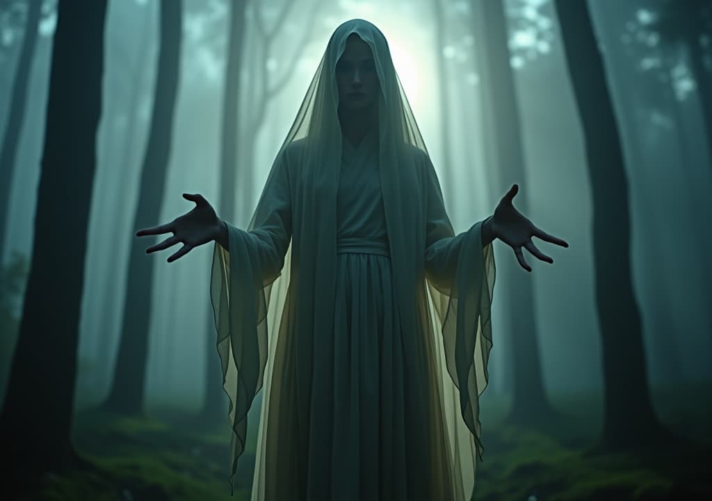  an ethereal figure with six fingers gracefully reaching out, surrounded by a misty forest. the soft glow of twilight filters through the trees, illuminating the unique digits and casting enchanting shadows. hyperrealistic, full body, detailed clothing, highly detailed, cinematic lighting, stunningly beautiful, intricate, sharp focus, f/1. 8, 85mm, (centered image composition), (professionally color graded), ((bright soft diffused light)), volumetric fog, trending on instagram, trending on tumblr, HDR 4K, 8K