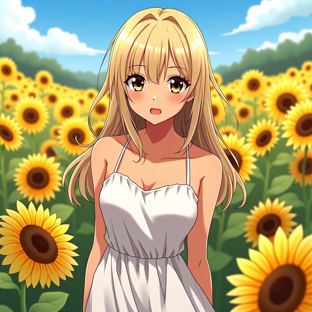  make an image of a blonde haired woman with brown eyes and tan olive skin wearing red lipstick in a field of sunflowers wearing a white summer dress, anime artwork, anime style, key visual, vibrant, studio anime, highly detailed