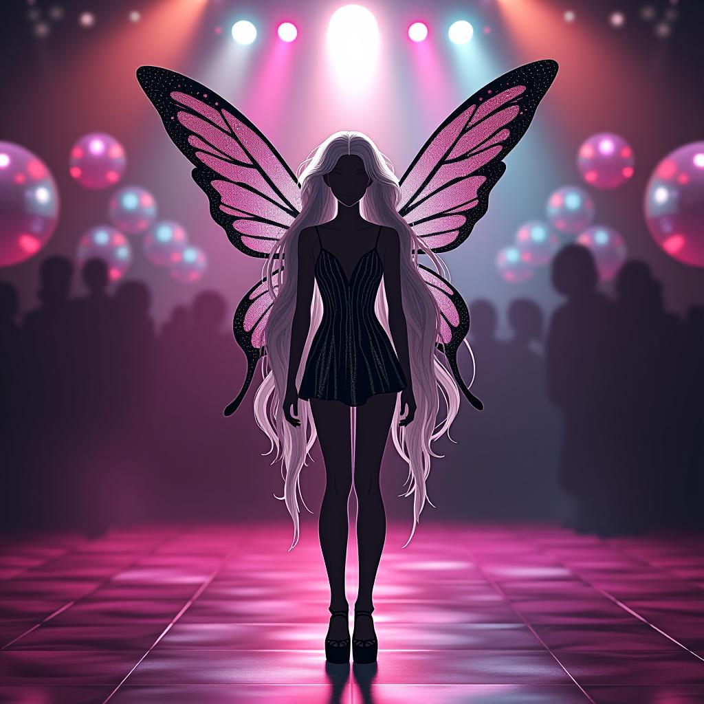  disco themed the black white vector contour of the fairy with wings, the fairy's standing in full height, in a short dress with very long light hair . vibrant, groovy, retro 70s style, shiny disco balls, neon lights, dance floor, highly detailed hyperrealistic, full body, detailed clothing, highly detailed, cinematic lighting, stunningly beautiful, intricate, sharp focus, f/1. 8, 85mm, (centered image composition), (professionally color graded), ((bright soft diffused light)), volumetric fog, trending on instagram, trending on tumblr, HDR 4K, 8K