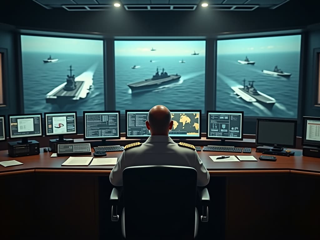  a historical representation of admiral raymond spruance commanding the us navy during the battle of the philippine sea. the scene includes a detailed naval command center filled with officers, maps, and communication devices. in the background, images of the us aircraft carriers in action and naval battles depict the strategic importance of the conflict, highlighting the advanced technology and fervent bravery of the era. hyperrealistic, full body, detailed clothing, highly detailed, cinematic lighting, stunningly beautiful, intricate, sharp focus, f/1. 8, 85mm, (centered image composition), (professionally color graded), ((bright soft diffused light)), volumetric fog, trending on instagram, trending on tumblr, HDR 4K, 8K