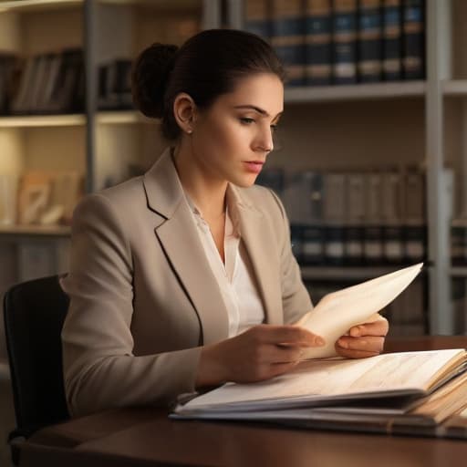 A photo of a confident attorney studying case files in a sleek, modern office during the early evening with soft, warm spotlight accentuating their focused expression.