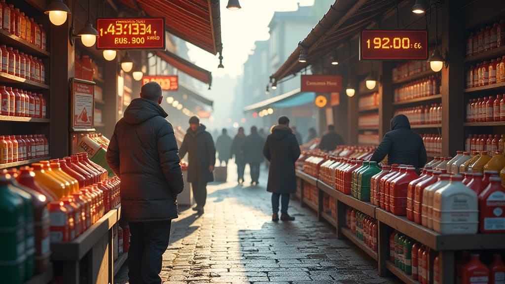  prompt: create an ultra realistic, detailed image depicting the dynamic heating oil market in the darmstadt dieburg district. the composition should feature a bustling marketplace scene with various vendors showcasing different types of heating oil containers. show a diverse group of consumers examining the prices and quality of the oils on display. include a prominent digital display showing the current average price of 92.04 euros for 100 liters. highlight specific brands and logos of heating