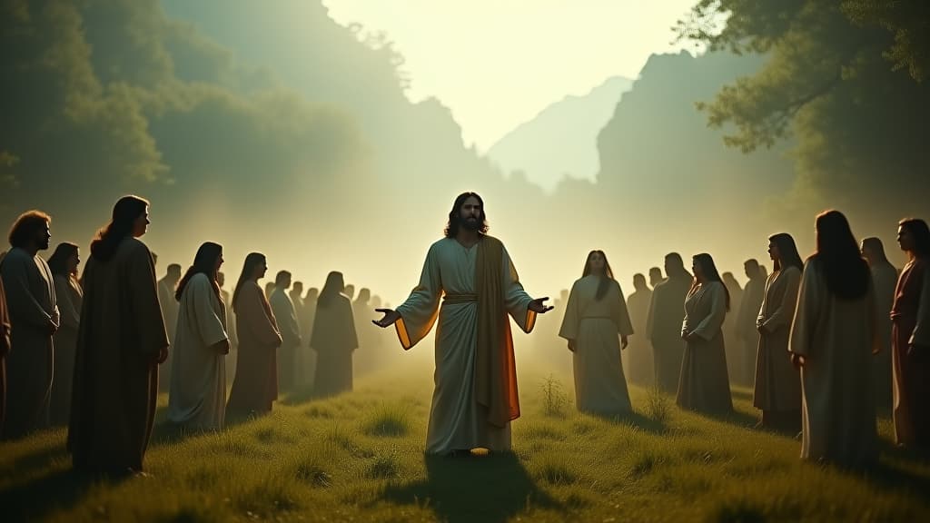  a serene scene depicting jesus as a prophetic teacher, surrounded by followers in a lush landscape. hyperrealistic, full body, detailed clothing, highly detailed, cinematic lighting, stunningly beautiful, intricate, sharp focus, f/1. 8, 85mm, (centered image composition), (professionally color graded), ((bright soft diffused light)), volumetric fog, trending on instagram, trending on tumblr, HDR 4K, 8K