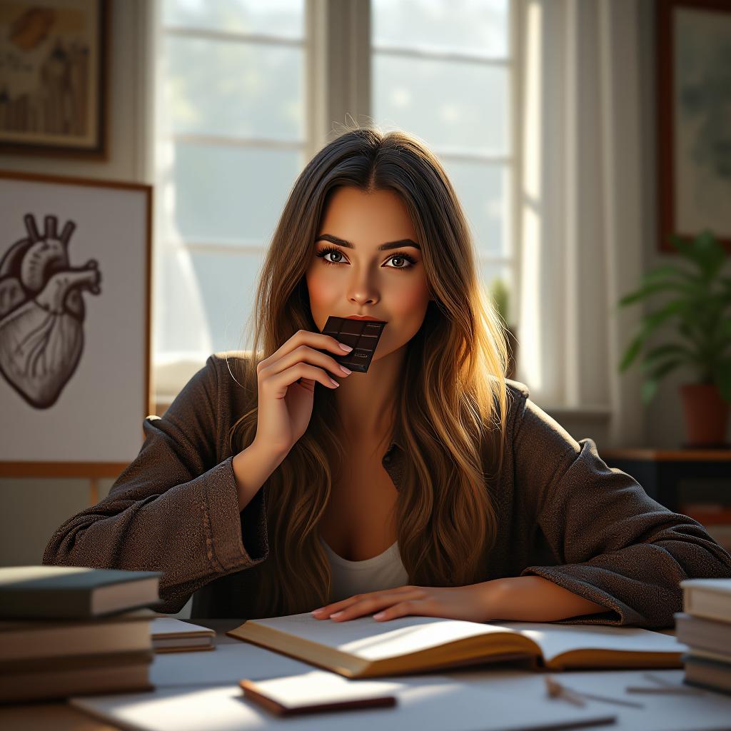  create a high quality, photorealistic image that vividly depicts the following scene: "an energetic freeze frame capturing a confident, wellness minded woman savoring a square of dark chocolate amidst her intensive study routine. her radiant complexion basks in the soft, natural sunlight from a neighboring window, emphasizing the glow of her antioxidant enriched skin. her bright, engaging eyes sparkle in alertness, visually demonstrating the cognitive enhancing properties. a scene featuring an opened reference book and notes chaotically spread corroborate her sincere intellectual pursuit; while a detailed sketch of the human heart on a whiteboard contributes a whimsical, yet relevant flavor to the setting, hinting at the cardiovascular hyperrealistic, full body, detailed clothing, highly detailed, cinematic lighting, stunningly beautiful, intricate, sharp focus, f/1. 8, 85mm, (centered image composition), (professionally color graded), ((bright soft diffused light)), volumetric fog, trending on instagram, trending on tumblr, HDR 4K, 8K