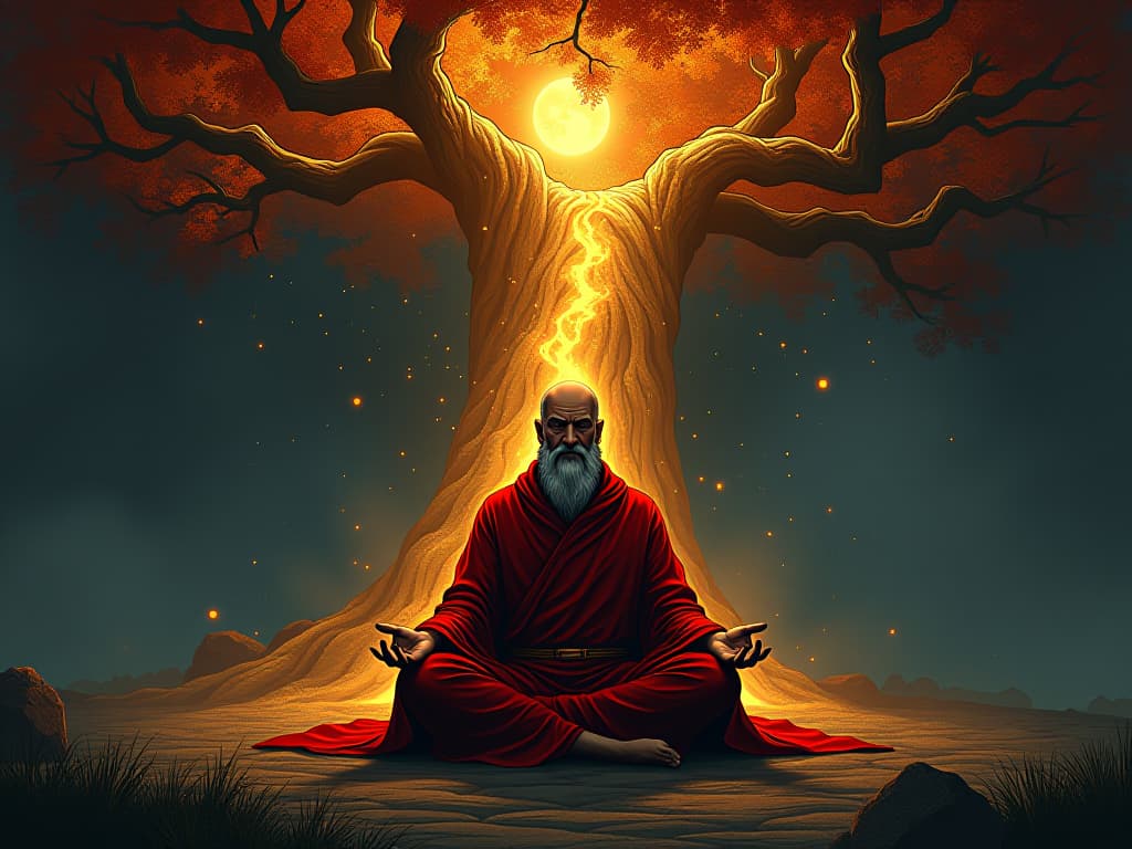  sage in red robes, meditating under a sacred tree with golden leaves, aura of clarity and purpose. the style is digital art illustration / modern comic book / graphic dark novel fantasy and mysterious occult, symbolic, moody lighting, esoteric vibe,high detail on character design. for the color scheme emphasize blacks and reds.