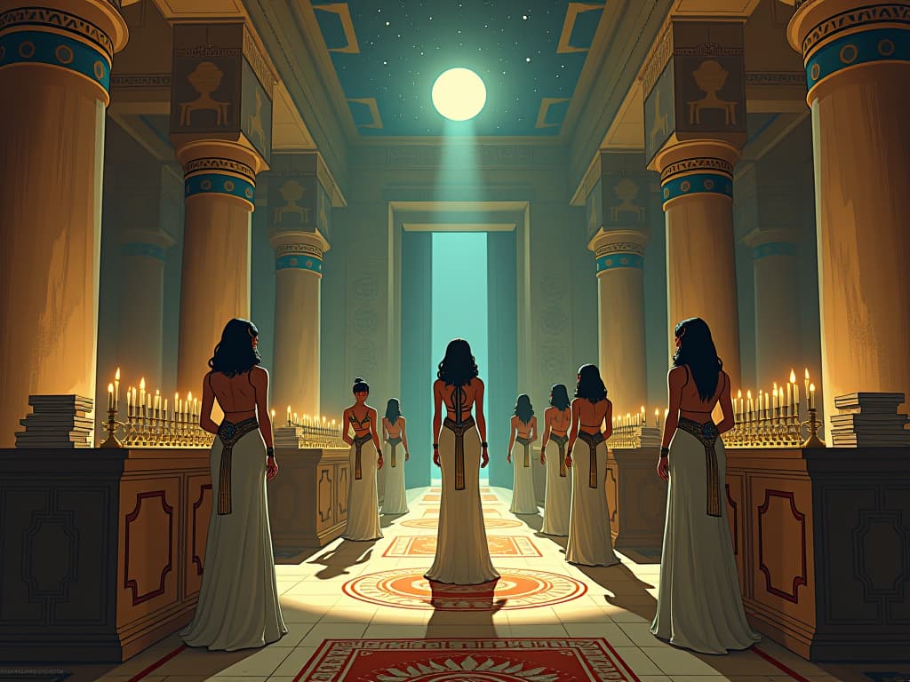  a modern reinterpretation of an ancient temple, where large busted women in tight, creatively adorned dresses, are crafting art, writing, and music, surrounded by symbols of legacy, atmosphere of enduring impact. the style is digital art illustration / modern comic book / mysterious occult, symbolic, esoteric vibe,high detail on character design, incorporating ancient egyptian symbology and attire.