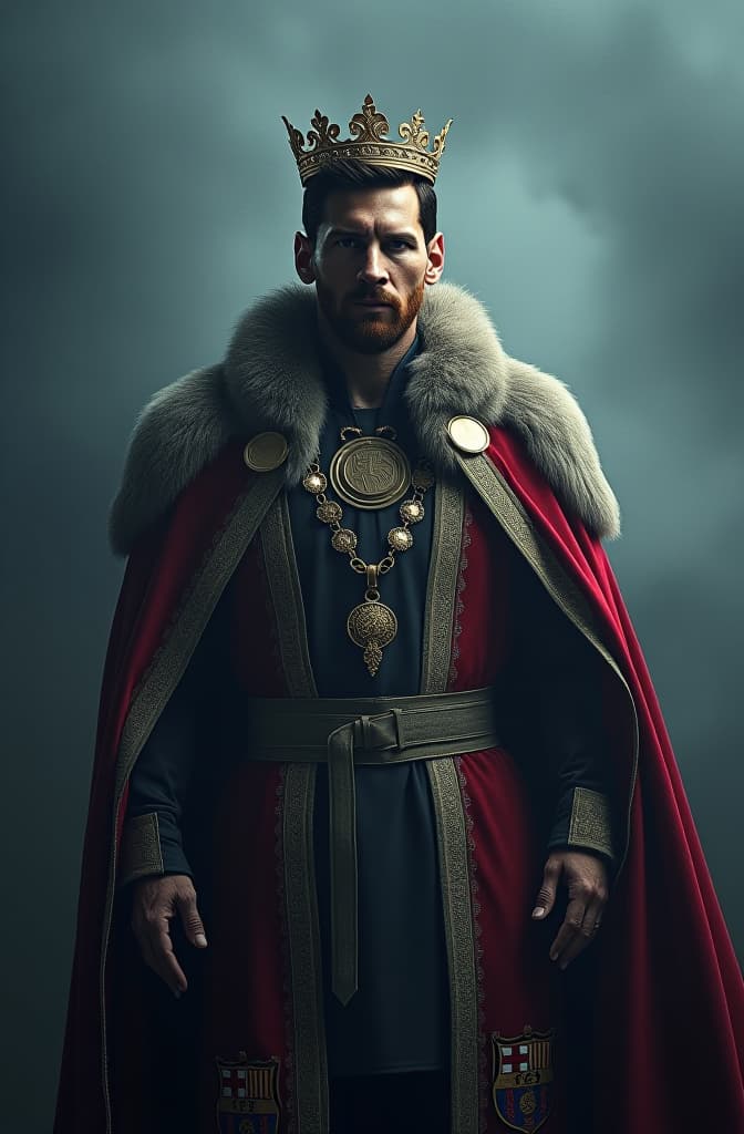  lionel messi as a king hyperrealistic, full body, detailed clothing, highly detailed, cinematic lighting, stunningly beautiful, intricate, sharp focus, f/1. 8, 85mm, (centered image composition), (professionally color graded), ((bright soft diffused light)), volumetric fog, trending on instagram, trending on tumblr, HDR 4K, 8K