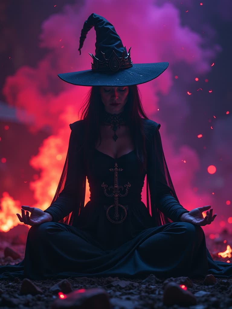  dark female witch meditation, dark backgound, cinematic light, fire in the background that changes color from red to violet, high detail, rim light, 4k, cinema 4d, occult, high priest, dark art, particles in the air, depth of field, full body,