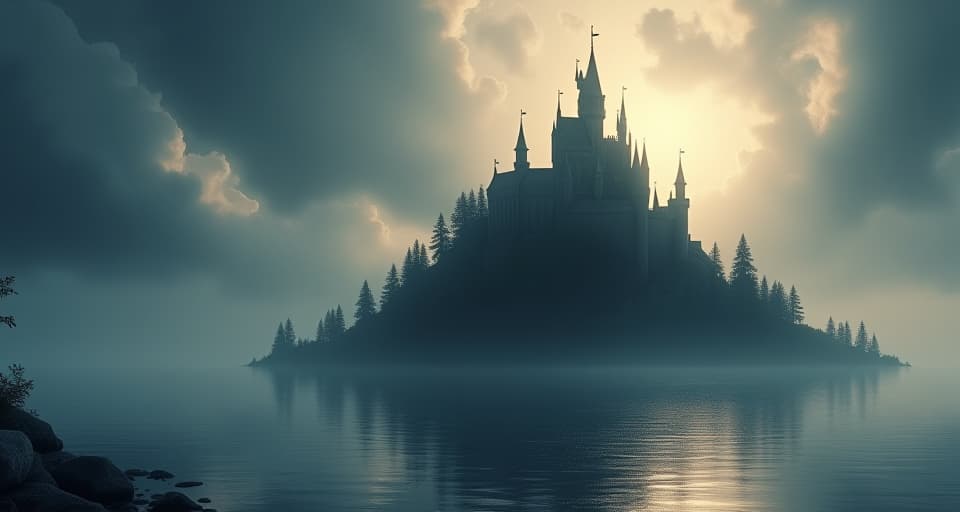  a shadowy castle by a shimmering lake, appearing stable but with slight undulating waves at its foundation. the shimmering reflections in the water hint at an impending and significant change.. the style is digital art illustration,highly detailed, whimsical,magical, dreamlike atmosphere, realism and fantasy blend, smooth, glossy textures,luminous quality, wonder and enchantment.