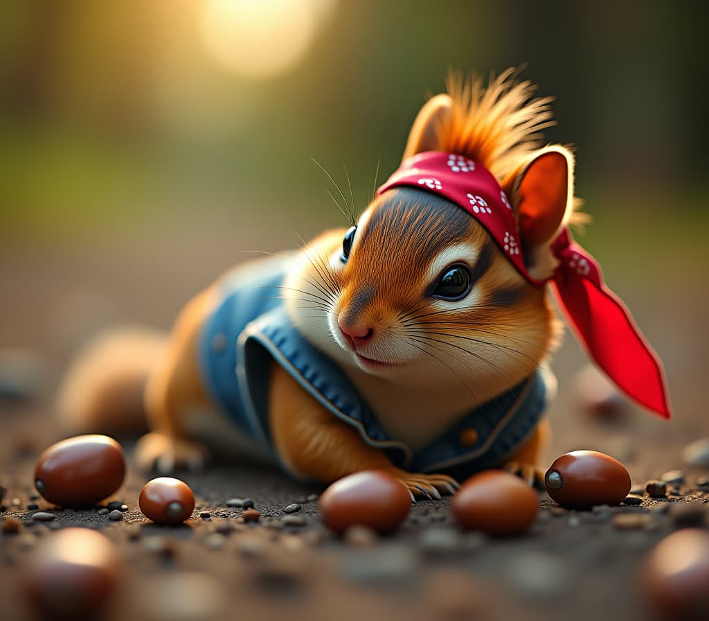  cinematic photo a cute brown chipmunk sleeping happily, he dressed as a rock star from the 80's, red bandana, denim vest, crazy hairstyle, a few hazelnuts are scattered around. the atmosphere is totally relaxing . 35mm photograph, film, bokeh, professional, 4k, highly detailed hyperrealistic, full body, detailed clothing, highly detailed, cinematic lighting, stunningly beautiful, intricate, sharp focus, f/1. 8, 85mm, (centered image composition), (professionally color graded), ((bright soft diffused light)), volumetric fog, trending on instagram, trending on tumblr, HDR 4K, 8K