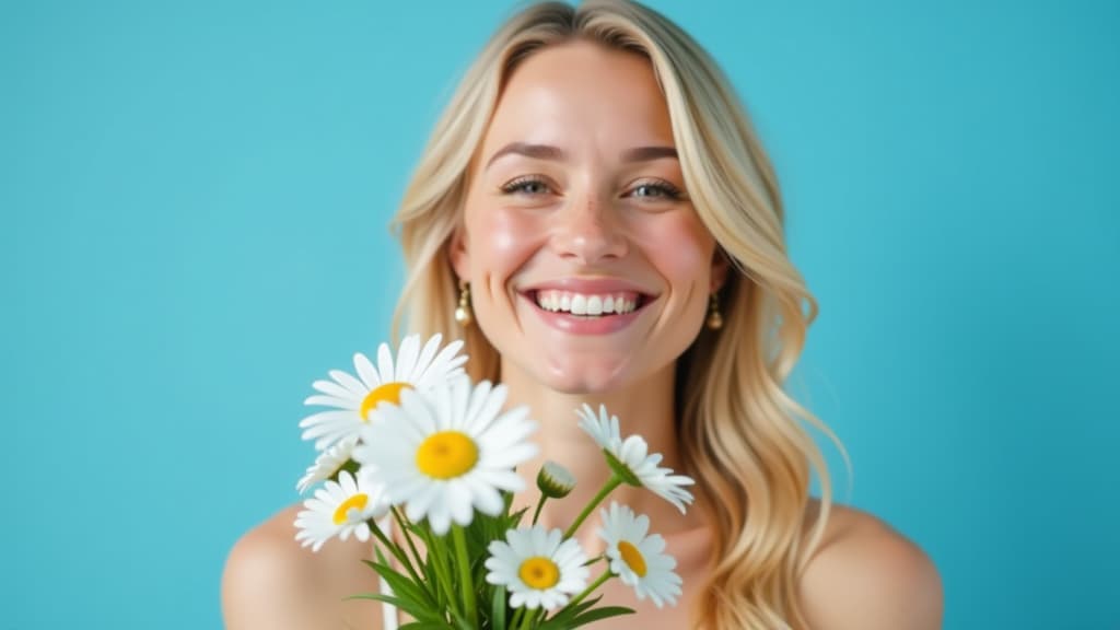  wide angle, happy woman, blonde hair, holds a bouquet of daisies, blue background ar 16:9 {prompt}, maximum details