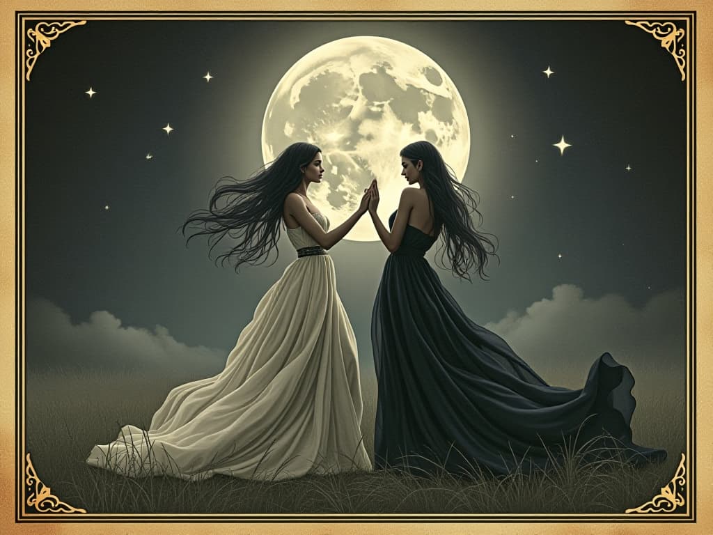  figures in elegant, flowing garments, dancing under silver moon, ethereal, serene. an illustration in the style of a worn, mystical old tarot trump card, mysterious and elements of surrealism. the colors are muted, somber and eerie, but with contrast bring out an occult and esoteric vibe.