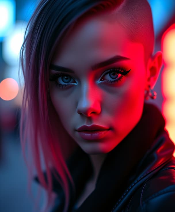  ultra realistic close up portrait ((beautiful pale cyberpunk female with heavy black eyeliner)), blue eyes, shaved side haircut, hyper detail, cinematic lighting, magic neon, dark red city, canon eos r3, nikon, f/1.4, iso 200, 1/160s, 8k, raw, unedited, symmetrical balance, in frame, 8k hyperrealistic, full body, detailed clothing, highly detailed, cinematic lighting, stunningly beautiful, intricate, sharp focus, f/1. 8, 85mm, (centered image composition), (professionally color graded), ((bright soft diffused light)), volumetric fog, trending on instagram, trending on tumblr, HDR 4K, 8K