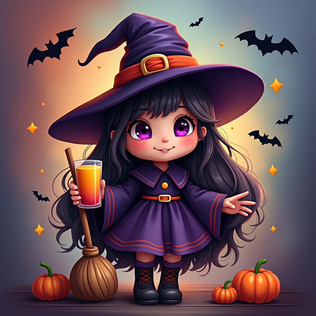  create a digital painting featuring a cute witch character. the witch should be wearing a hat. in one hand, the witch should hold a broomstick, and in the other hand, a halloween themed drink. the background should be colorful and include small black bats, pumpkins and stars to add a playful halloween touch. the overall style should be cute, whimsical, and colorful hyperrealistic, full body, detailed clothing, highly detailed, cinematic lighting, stunningly beautiful, intricate, sharp focus, f/1. 8, 85mm, (centered image composition), (professionally color graded), ((bright soft diffused light)), volumetric fog, trending on instagram, trending on tumblr, HDR 4K, 8K