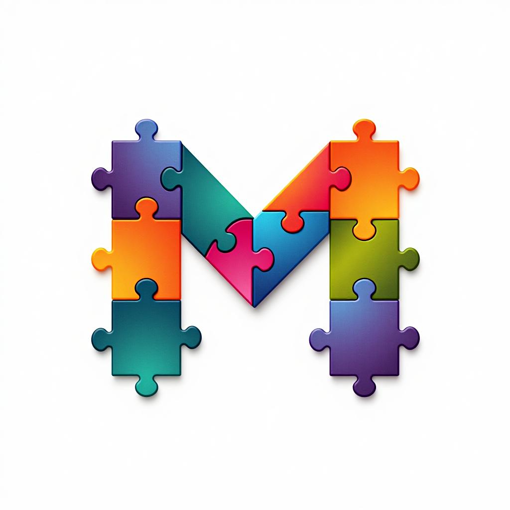  design a logo, abstract logo of letter m from colored puzzles on white background.