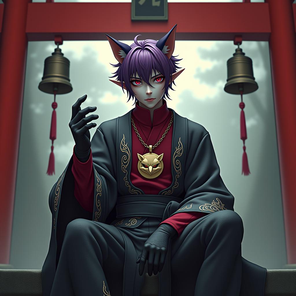  horror themed ringo sits on the high red gate theories on which thin ropes hang bells in front of the shinto temple in ringo's left hand holds the full sake grand pial ringo doctor who wears black latex medical gloves is depicted in full growth a young mature dark male elf with marble white skin, purple scarlet hair, ringo wears a disheveled hairstyle of medium length, pointed ear tips, lavender red eyes, wears a burgundy shirt with gold embroidery, in addition, he wears a black doctor's robe made of snake skin with silver embroidery in the form of flames on his legs, rigo in a medium sized silver skin. around his neck is a gold chain with a medium sized gold medallion. the medallion depicts an angry smirking fox face, ringo has a relati