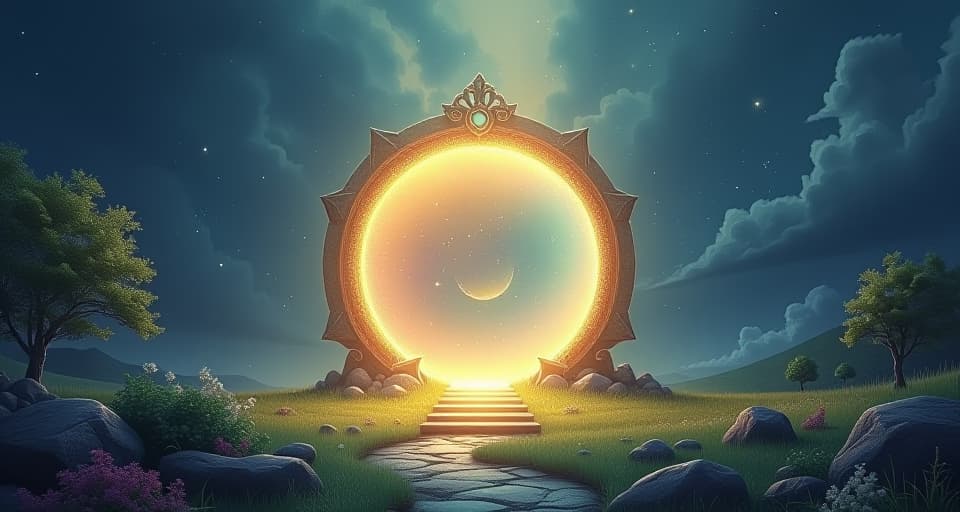  enchanted landscape with a glowing celestial portal, divine light streaming through, radiant atmosphere, hinting at divine communication. the style is digital art illustration,highly detailed, whimsical,magical, dreamlike atmosphere, realism and fantasy blend, smooth, glossy textures,luminous quality, wonder and enchantment.