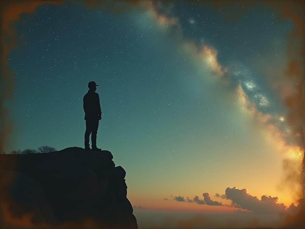  a lone individual, standing at the edge of a cliff under a star studded sky, gazing into the vast unknown, open sky, twinkling stars, expansive, contemplative, ethereal. in a mysterious and provocative surrealism style on a weathered old sheet of parchment. hyperrealistic, full body, detailed clothing, highly detailed, cinematic lighting, stunningly beautiful, intricate, sharp focus, f/1. 8, 85mm, (centered image composition), (professionally color graded), ((bright soft diffused light)), volumetric fog, trending on instagram, trending on tumblr, HDR 4K, 8K