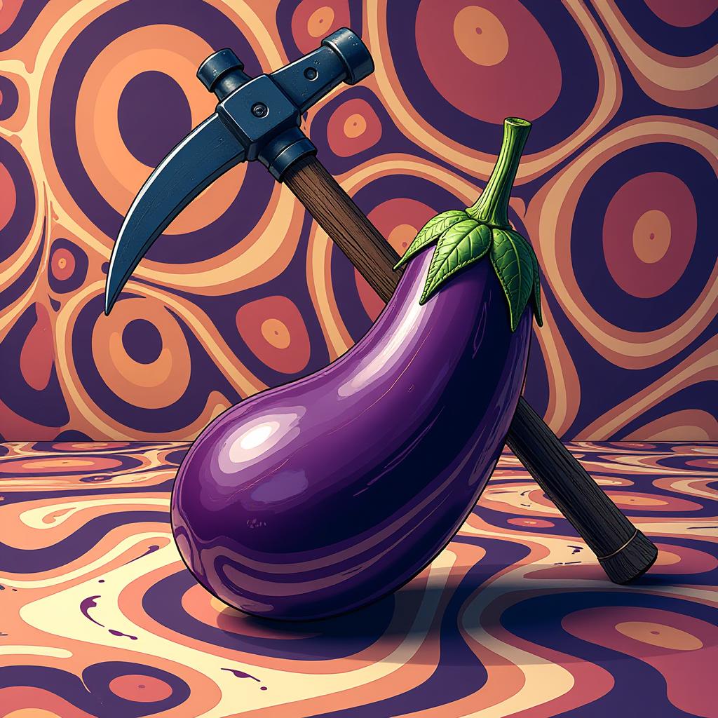  create an image that features an eggplant situated prominently in the foreground, with a pickaxe leaning against it. the background should be filled with an engaging op art pattern that creates a sense of depth and movement. the scene should be viewed from a profile perspective, capturing the unique shapes and textures of both the eggplant and the pickaxe. emphasize the contrast between the organic form of the eggplant and the industrial look of the pickaxe, while the op art elements swirl around them, drawing the viewer’s attention and creating a dynamic visual experience.