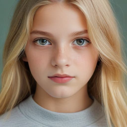 Portrait, jeune fille, blonde aux yeux verts, cheveux longs visage ovale, 14 ans, Sweat gris de face French style