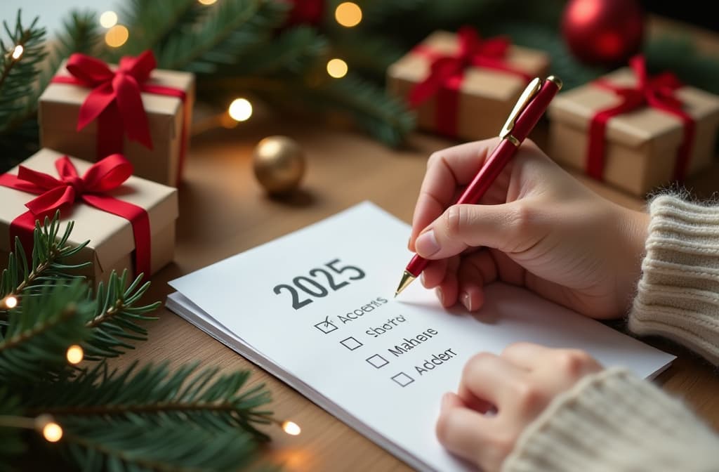  female hands in a sweater hold a pen and write a wish list for 2025 against the background of christmas gifts of fir branches and christmas garlands {prompt}, maximum details