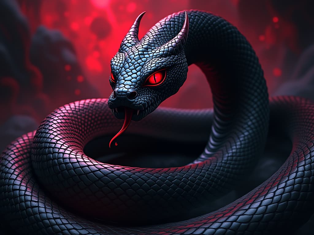  coiled serpent with gleaming scales, malevolent eyes, hint of impending strike. the style is digital art illustration / modern comic book / graphic dark novel fantasy and mysterious occult, symbolic, moody lighting, esoteric vibe,high detail on character design. for the color scheme emphasize blacks and reds.