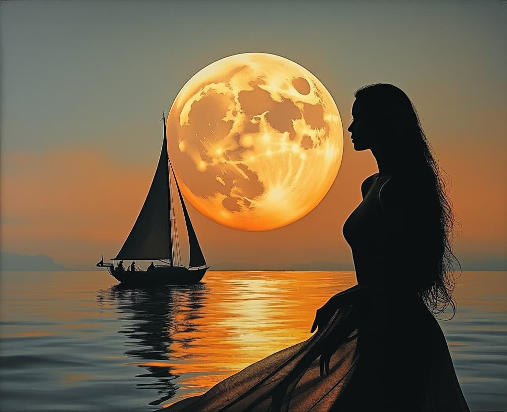  surrealist art expressionist acryl painting (double exposure:1.3) captures a serene scene of a dreaming woman (dark silhouette:1.2) in the foreground, a sailboat on the water with a large, detailed view of the moon in the background. the moon appears disproportionately large compared to the boat, that creates the sense of depth. the sunset sky has an orange and gray hue. perfect composition, beautifully detailed. the overall composition creates a peaceful and almost surreal atmosphere, with the sailboat seemingly sailing towards the moon. the contrast between the dark silhouette of the long haired woman and the bright, glowing moon adds to the visual impact of the image. . dreamlike, mysterious, provocative, symbolic, intricate, detailed