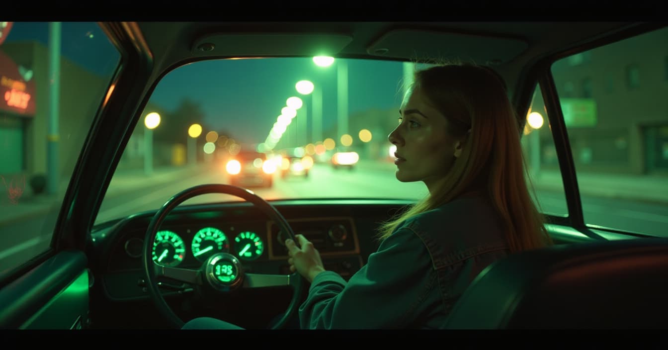  cinematic photo green eyed cab, slow down, slow down, and take me where i'll always be welcome. . 35mm photograph, film, bokeh, professional, 4k, highly detailed