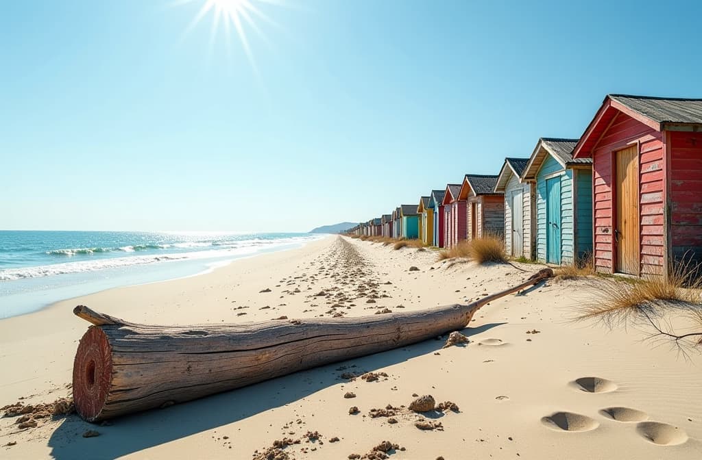  deserted sandy beach of the northern sea without vegetation, sunny weather, in the foreground a large dried tree trunk, thrown ashore from the sea. the trunk log from the water, thrown out from the sea, without bark, lightened by sea water and the sun. sun glare, sea spray shine in the sun. on the right are multi colored beach houses for storing equipment, they are made of burnt wooden boards with peeling paint ar 3:2 {prompt}, maximum details