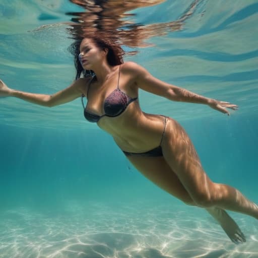 tanned woman with wide hips in full growth sinking underwater