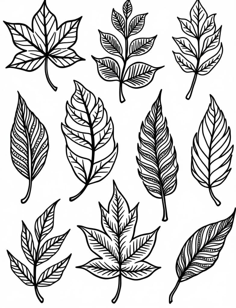  a collection of ornate autumn leaves each with unique patterns, black and white line art on a white background, for an adult coloring page.