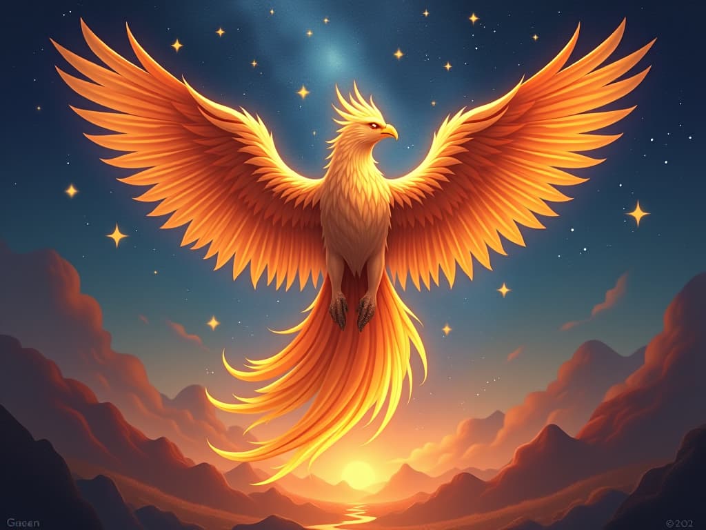  a majestic phoenix, rising from ethereal flames in a mystical landscape, glowing stars in the background, symbolizing strength and wisdom, transformative, ascendant.. the style is digital art illustration,highly detailed, whimsical,magical, dreamlike atmosphere, realism and fantasy blend, smooth, glossy textures,luminous quality, wonder and enchantment.