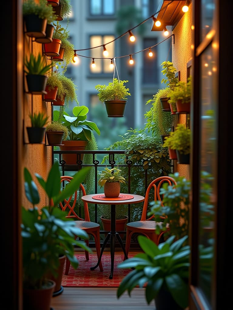  high quality portrait photo of a compact apartment balcony transformed into a lush urban jungle, featuring vertical gardens, hanging planters, a small bistro set, and string lights, creating an inviting outdoor oasis hyperrealistic, full body, detailed clothing, highly detailed, cinematic lighting, stunningly beautiful, intricate, sharp focus, f/1. 8, 85mm, (centered image composition), (professionally color graded), ((bright soft diffused light)), volumetric fog, trending on instagram, trending on tumblr, HDR 4K, 8K