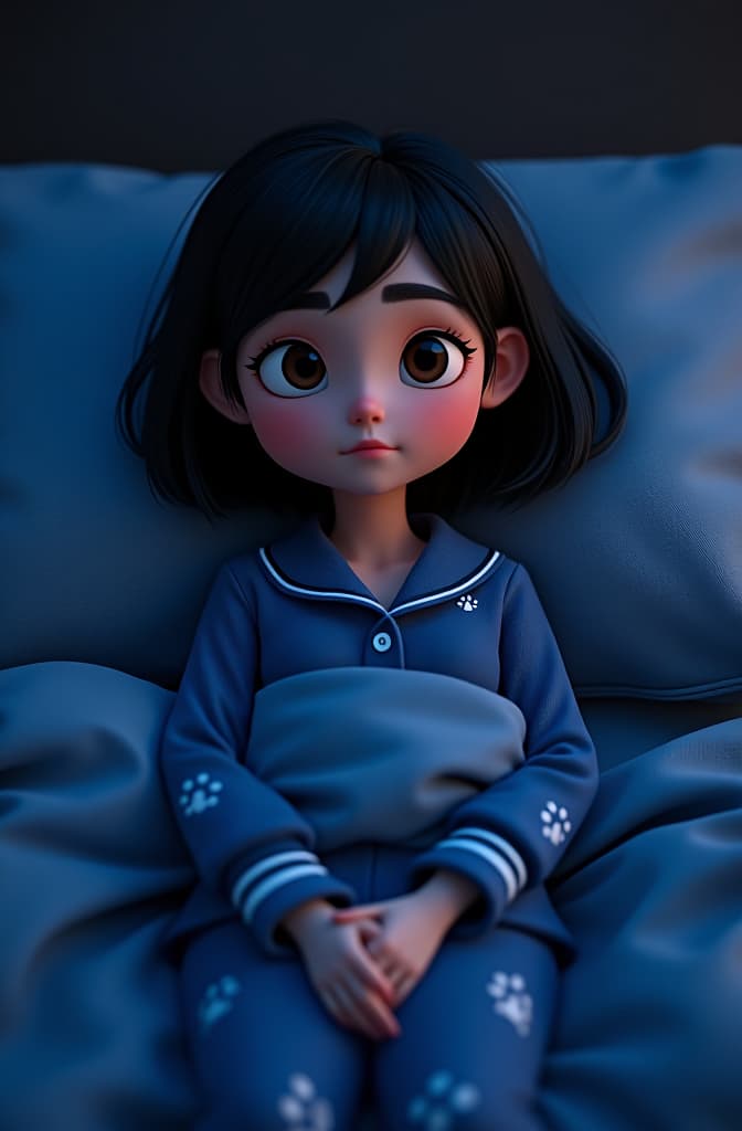  una chica de piel clara, cabello chino color café, cabello mediano, sudadera negra y pantalón de pijama azul marino con cuadros cafés y blancos, sentada en una cama azul, triste y el ambiente de noche , disney pixar poster, pixar movie style, animated disney cartoon face, disney face, portrait, cute face, round face, cartoon character, disney character, disney animated movies, disney pixar hyperrealistic, full body, detailed clothing, highly detailed, cinematic lighting, stunningly beautiful, intricate, sharp focus, f/1. 8, 85mm, (centered image composition), (professionally color graded), ((bright soft diffused light)), volumetric fog, trending on instagram, trending on tumblr, HDR 4K, 8K