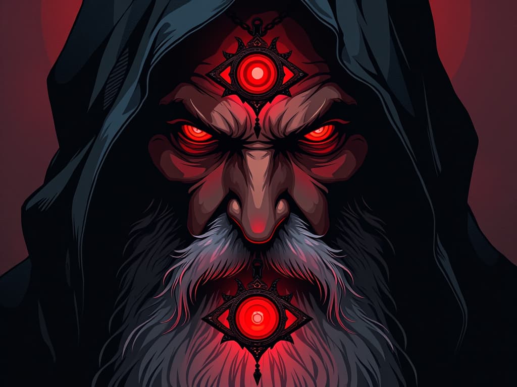  mystic eye pendant in red, worn by a wise sage, watching intently, aura of protection and discernment. the style is digital art illustration / modern comic book / graphic dark novel fantasy and mysterious occult, symbolic, moody lighting, esoteric vibe,high detail on character design. for the color scheme emphasize blacks and reds.