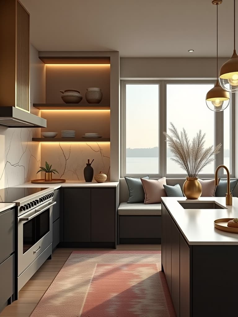  high quality portrait photo of a luxurious contemporary kitchen with gold accents, featuring a marble backsplash, floating shelves displaying artisanal ceramics, and a cozy breakfast nook with a view hyperrealistic, full body, detailed clothing, highly detailed, cinematic lighting, stunningly beautiful, intricate, sharp focus, f/1. 8, 85mm, (centered image composition), (professionally color graded), ((bright soft diffused light)), volumetric fog, trending on instagram, trending on tumblr, HDR 4K, 8K