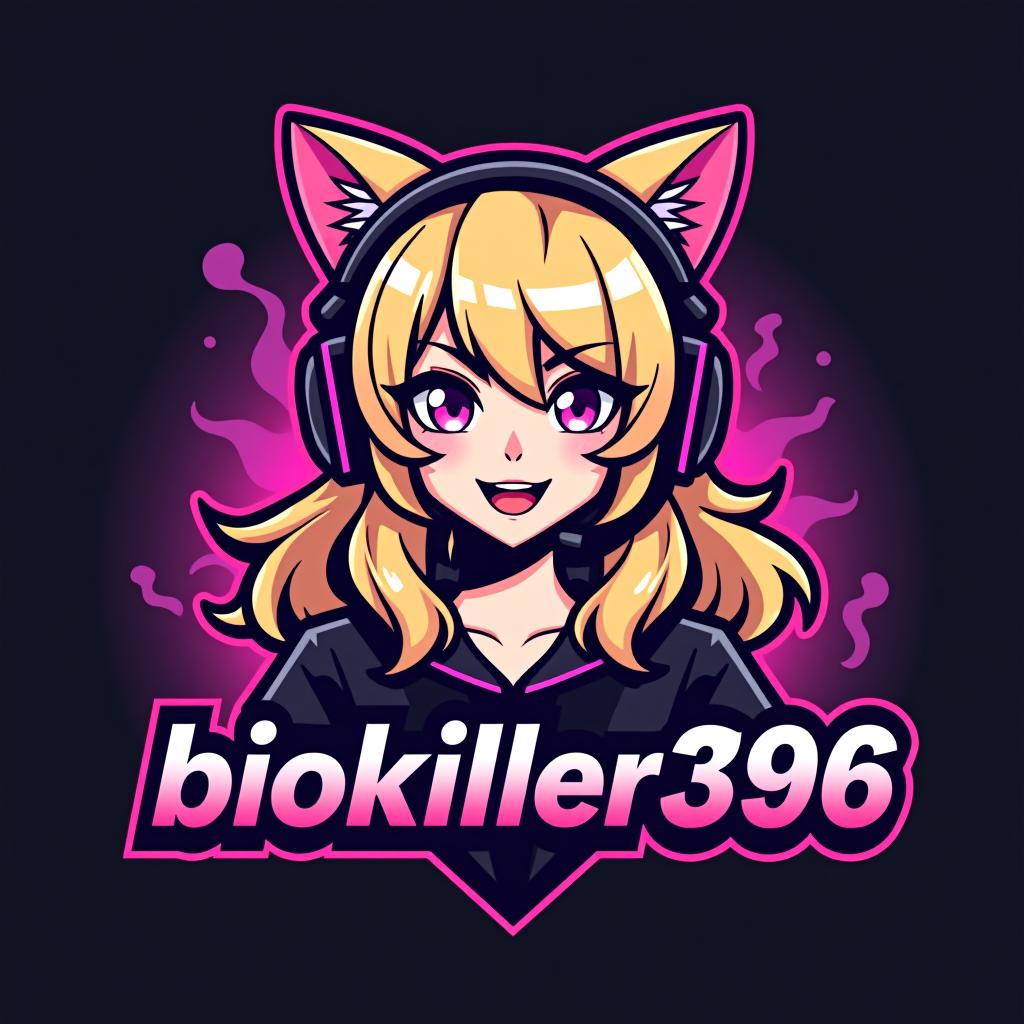  design a logo, blonde gamer girl with a cat ear headset with pink lights and smoke , with the text 'biokiller396'.