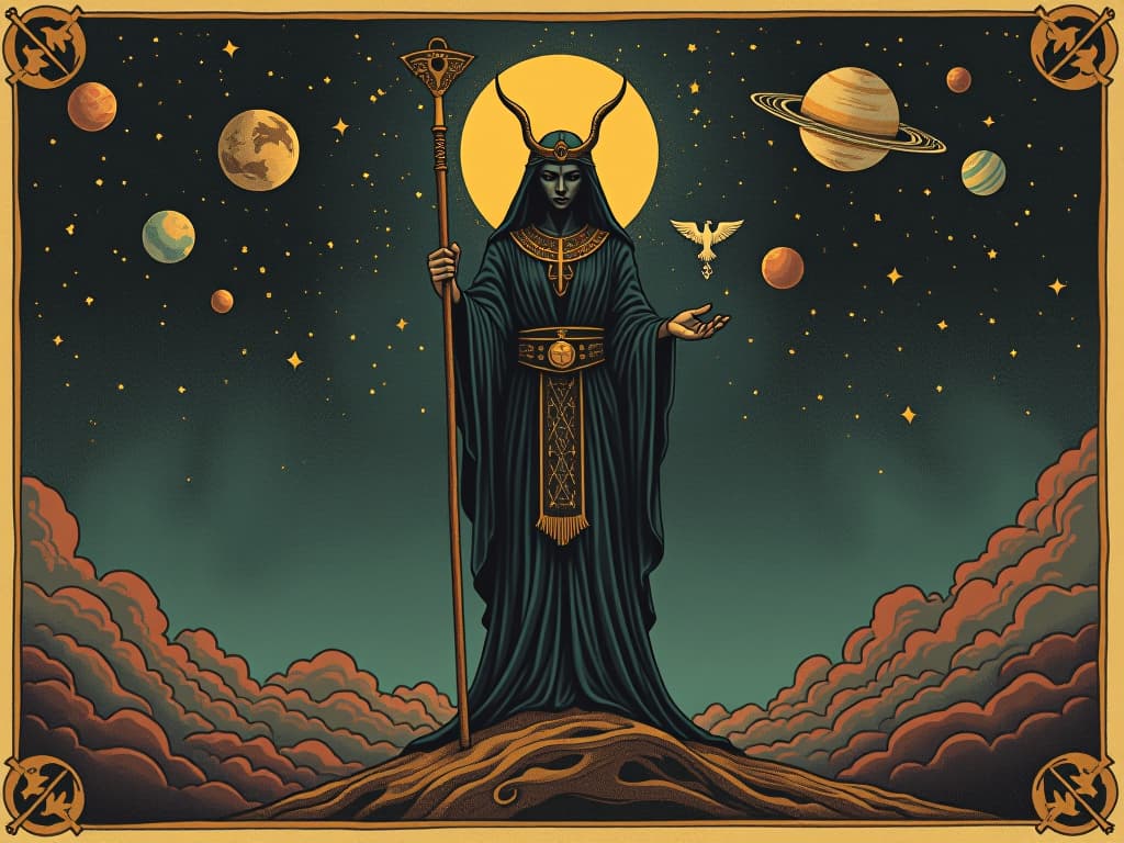  isis standing on a cosmic background, planets and stars, hands holding an ankh and a staff, celestial navigation, mystic and powerful an illustration in the style of a worn, mystical old tarot trump card, mysterious and elements of surrealism. the colors are muted, somber and eerie, but with contrast bring out an occult and esoteric vibe.