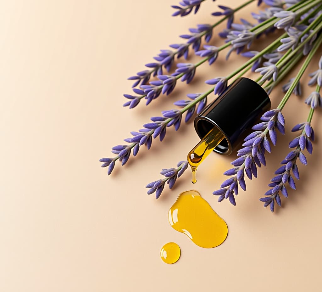  lavender sprigs and essential oil droplets on a smooth beige surface. aromatherapy concept. perfect for spa, wellness, and natural beauty product designs. minimalistic and calming composition.