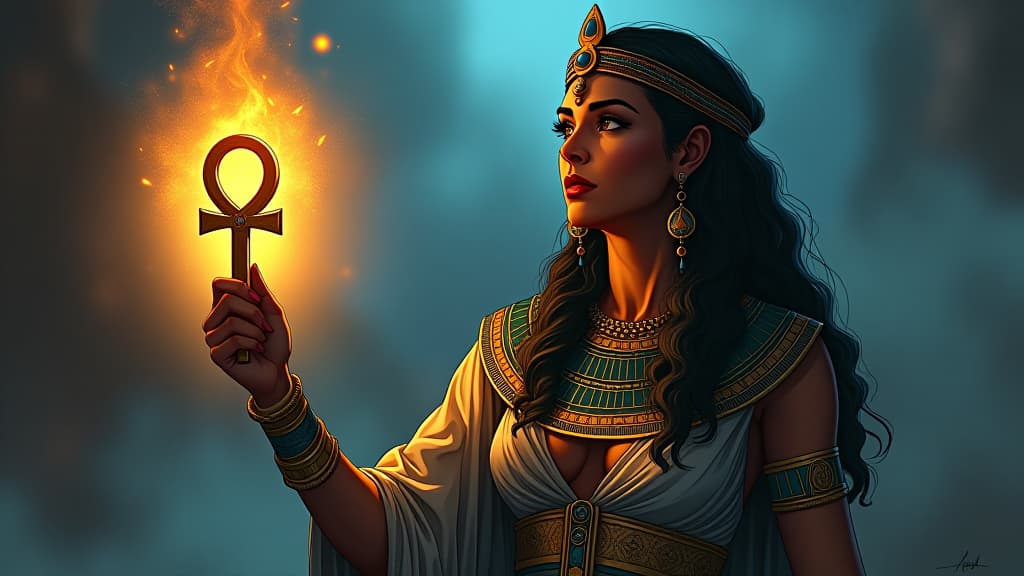  a comic book style draw of an ancient goddess offering a glowing ankh to a person, sense of audacity and reward, atmosphere of being unapologetically oneself. the style is digital art illustration / modern comic book / mysterious occult, symbolic, esoteric vibe,high detail on character design, incorporating ancient egyptian symbology and attire. hyperrealistic, full body, detailed clothing, highly detailed, cinematic lighting, stunningly beautiful, intricate, sharp focus, f/1. 8, 85mm, (centered image composition), (professionally color graded), ((bright soft diffused light)), volumetric fog, trending on instagram, trending on tumblr, HDR 4K, 8K