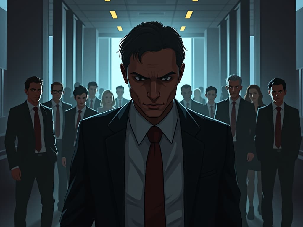  a corporate colleague with distressed expression, modern office flanked by towering glass windows, others glancing suspiciously, dim natural light filtering in, air of tense scrutiny.. the style is dark fantasy and mysterious occult, symbolic, moody lighting, esoteric vibe,high detail on character design. for the color scheme emphasize blacks and reds.