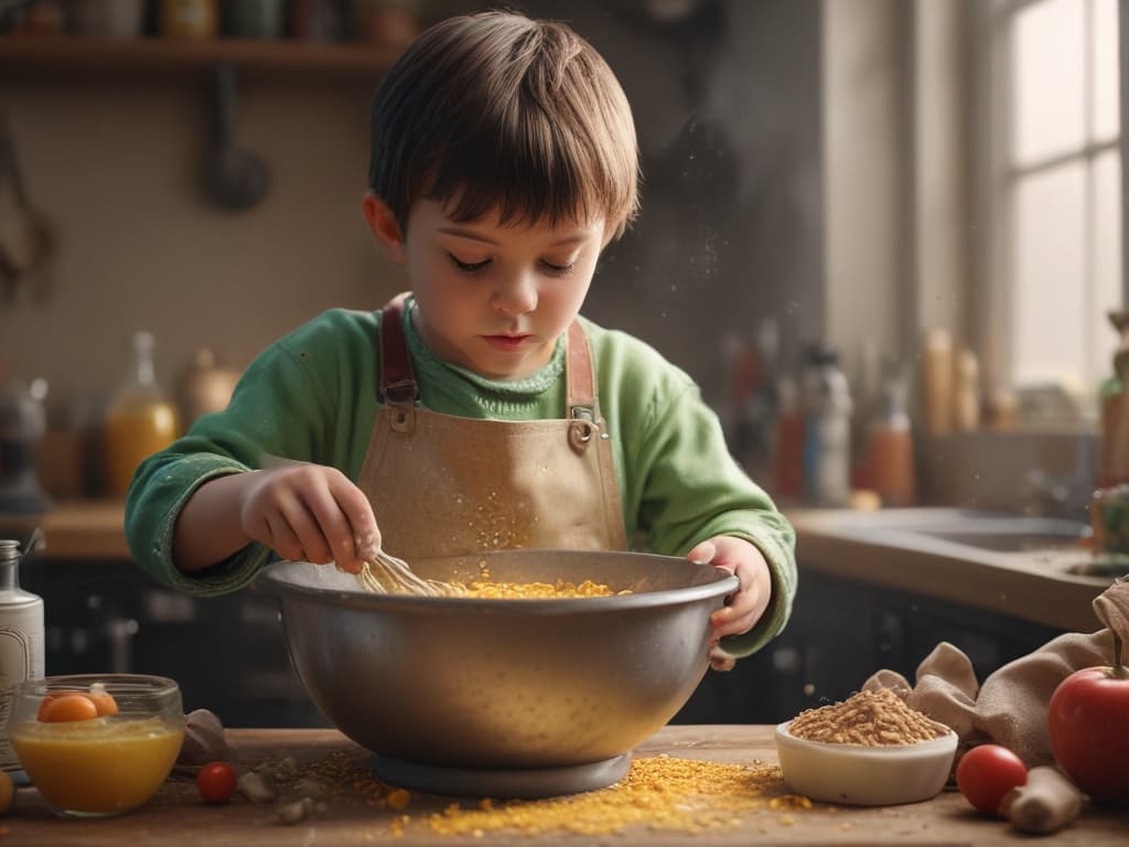 ultra realistic ((ultra realistic ((a child mixing ingredients in a bowl)))) hyperrealistic, full body, detailed clothing, highly detailed, cinematic lighting, stunningly beautiful, intricate, sharp focus, f/1. 8, 85mm, (centered image composition), (professionally color graded), ((bright soft diffused light)), volumetric fog, trending on instagram, trending on tumblr, HDR 4K, 8K