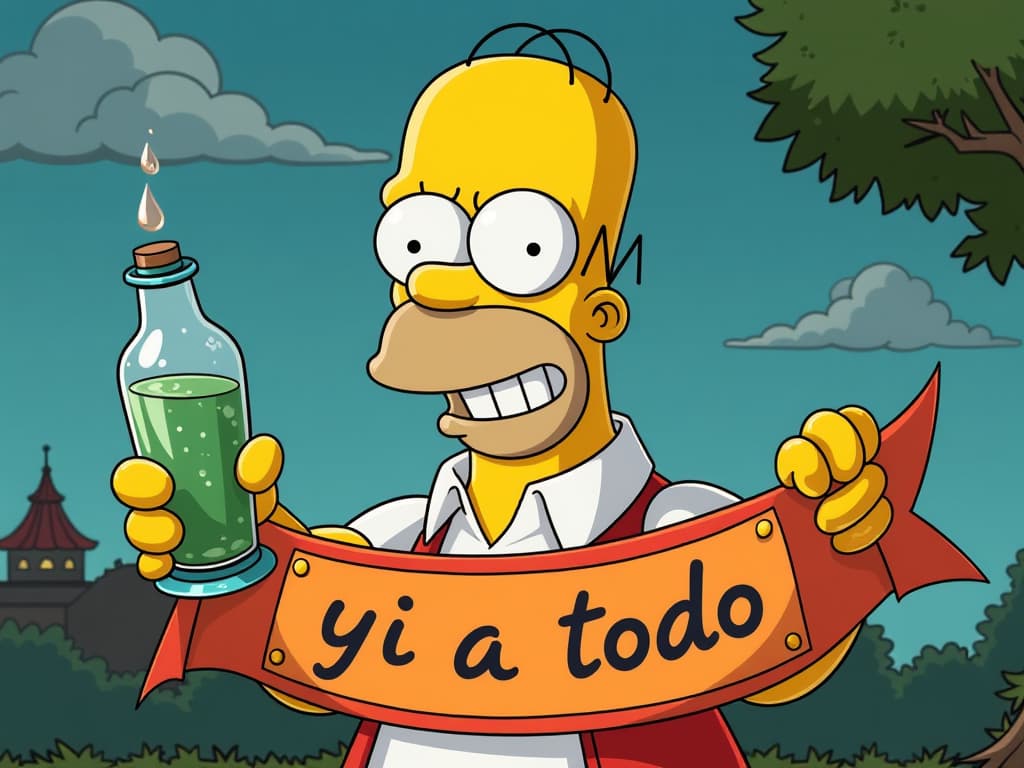  homer simpson holding a glass dropper, a banner that says 'yi a todo'