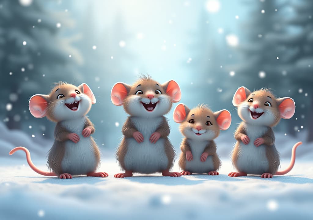  3d joyful friendly cartoon mice on a snowy white canvas, high quality, high details, hd, perfect composition, 4k epic detailed, highly detailed, sharp focus, high resolution