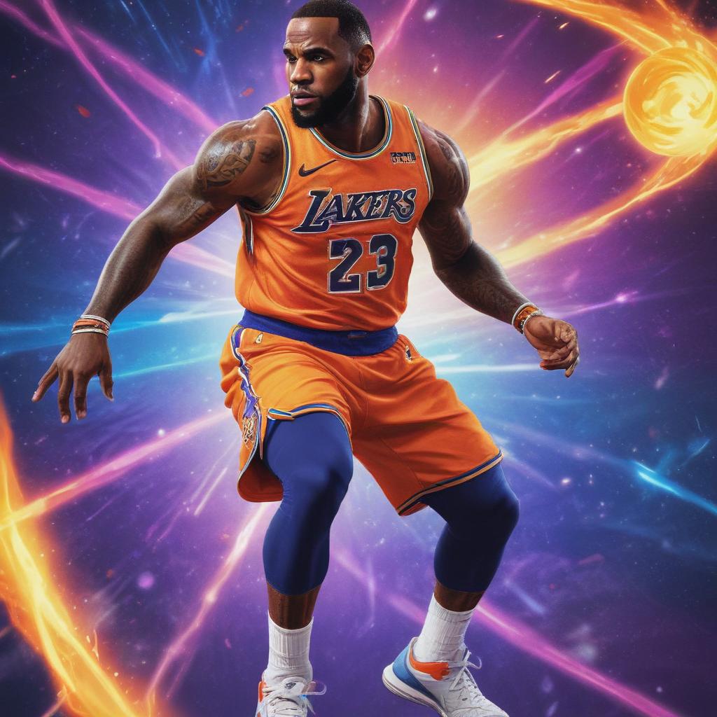 distance-shot, flashy, full-body, dynamic, holographic, animated cartoon poster of lebron james in the style of dragon ball super