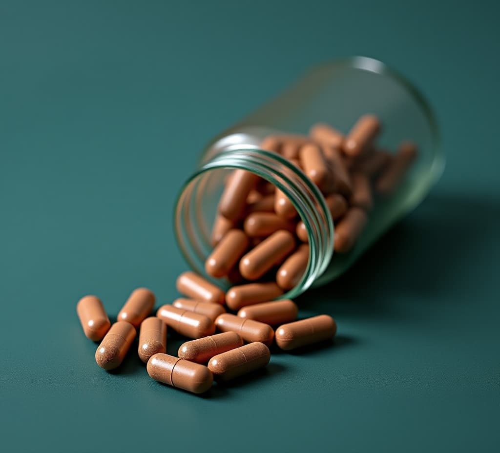  a glass bottle filled with brown pills on a dark teal surface