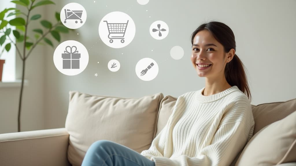  a woman sits on a sofa in a white sweater, above her are icons of a grocery cart and gifts ar 16:9 {prompt}, maximum details